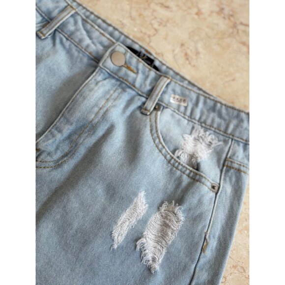 Forever 21 Light Blue Distressed Denim Mini Skirt With Frayed Hem & Pockets Size - Picture 3 of 6